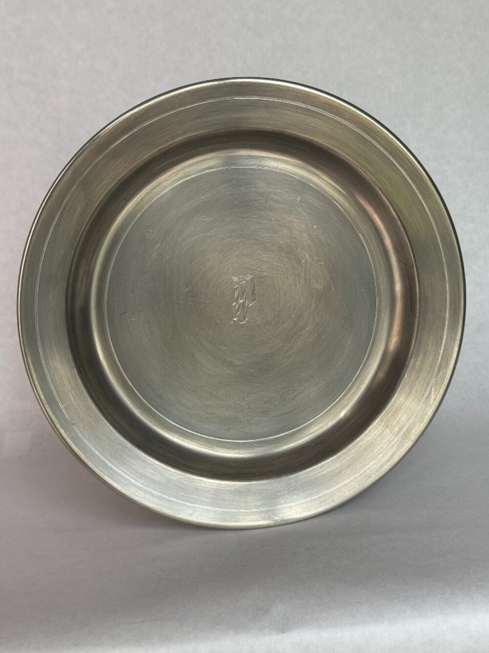 10" Engraved "P" Pewter Plate from "Colonial Pewter"
